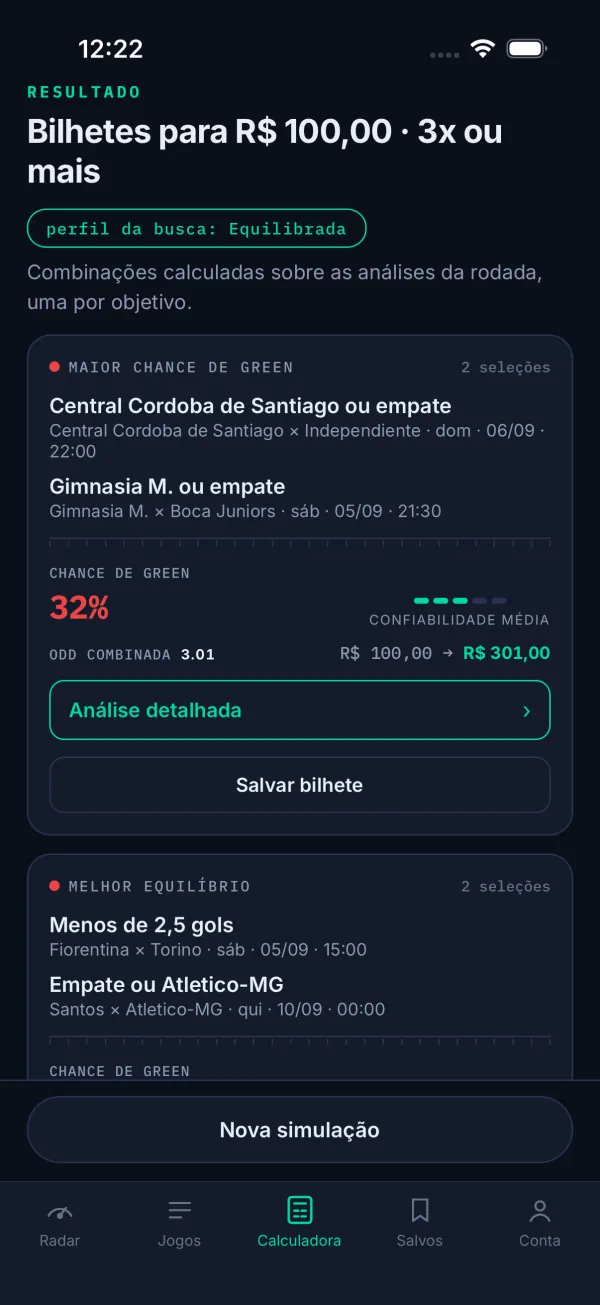 Tela real da Calculadora do OddLab com três bilhetes calculados