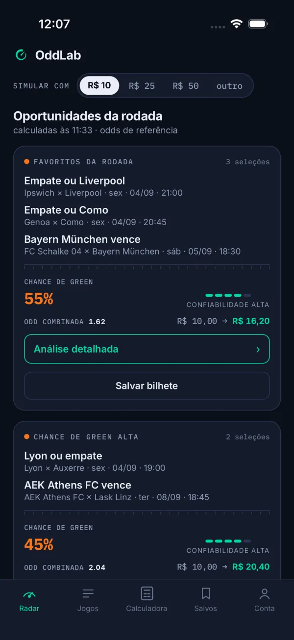 Tela real do Radar do app OddLab com bilhetes da rodada
